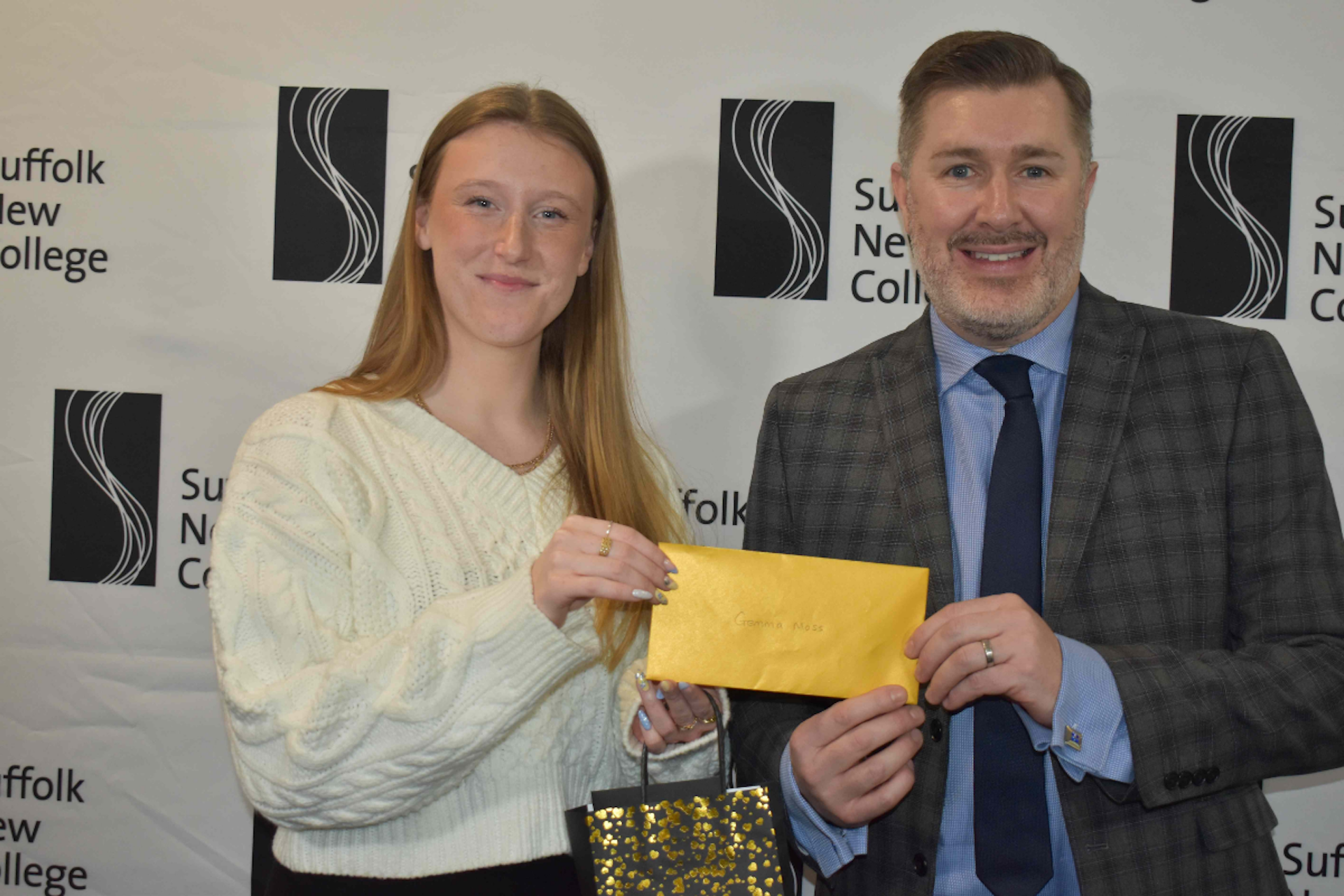 Gemma Moss, winner of the Suffolk New College apprentice of the year, pictured with Principal and CEO of Suffolk New College Alan Pease.